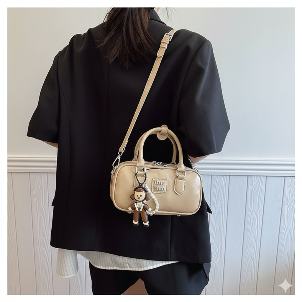 Min Min Beige Handbag with Cute Doll Charm & Crossbody Strap