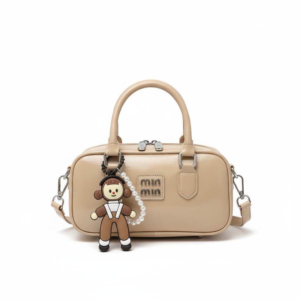 Min Min Beige Handbag with Cute Doll Charm & Crossbody Strap
