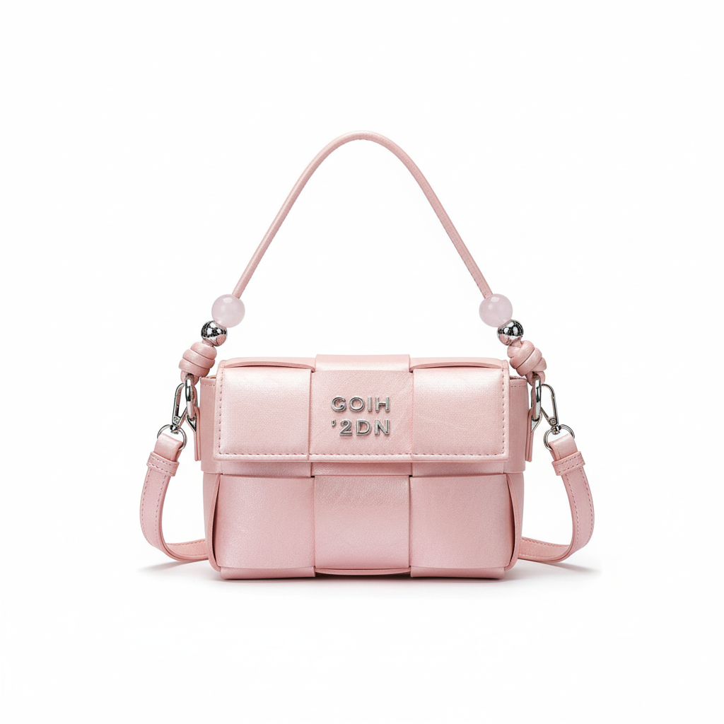 Pink Woven Handbag with Beaded Handle & Crossbody Strap