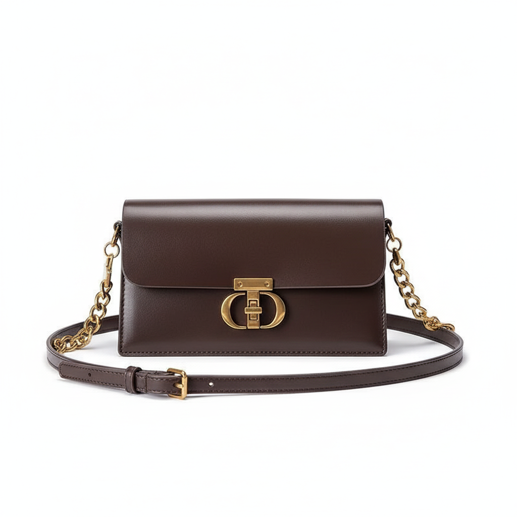Brown Leather Crossbody Bag with Gold Chain & Classic Clasp