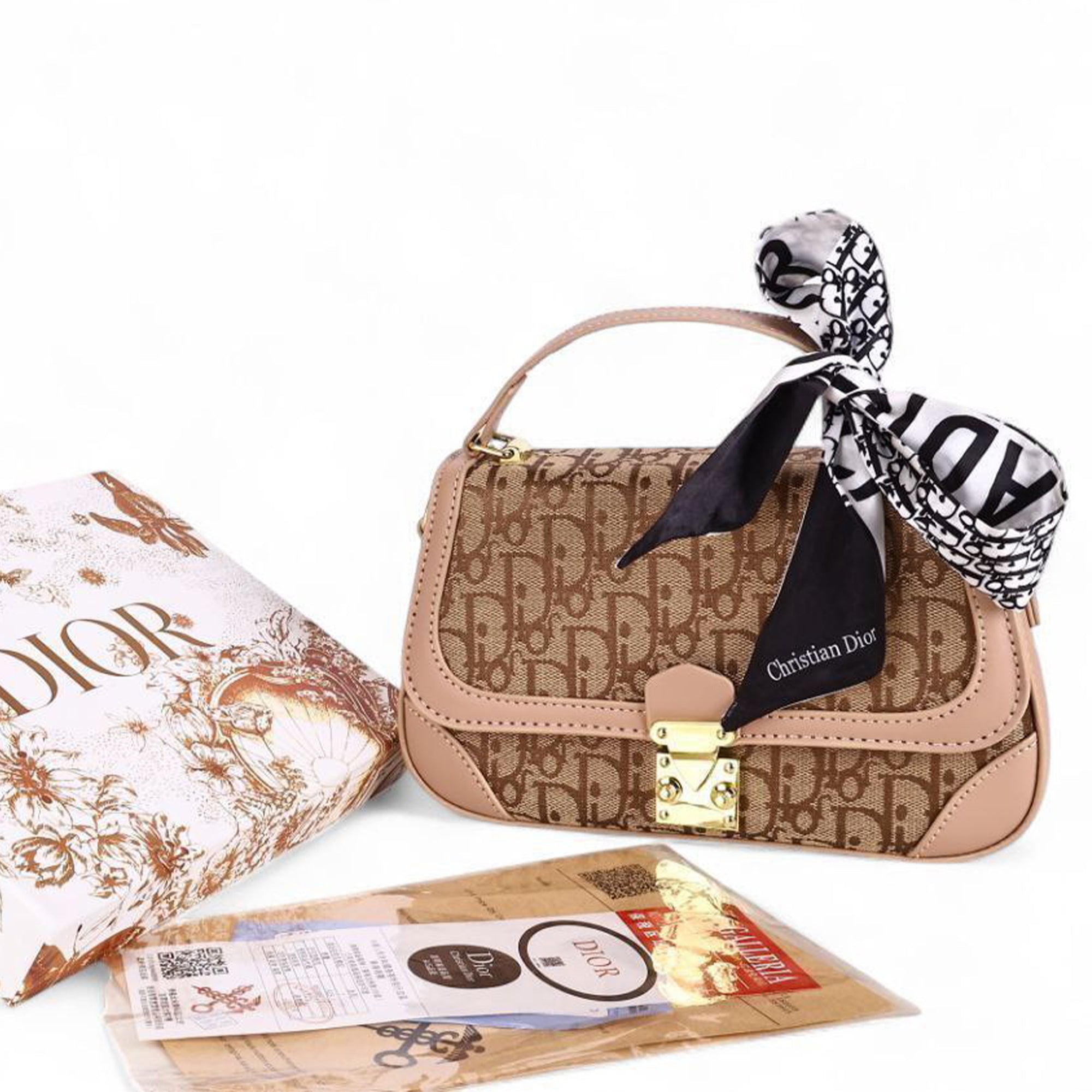 Christian Dior Oblique Canvas Handbag – Brown with Silk Scarf Detail