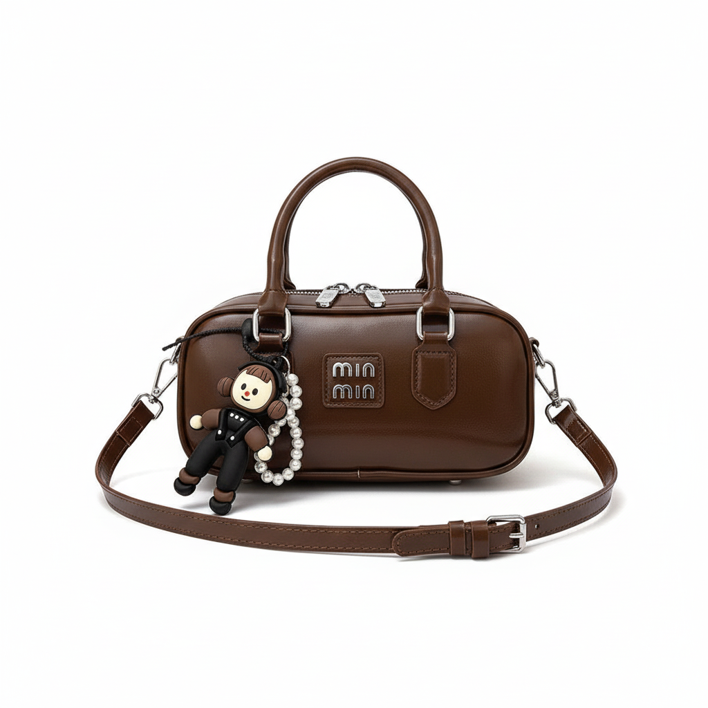 Min Min Brown Handbag with Doll Charm & Adjustable Crossbody Strap