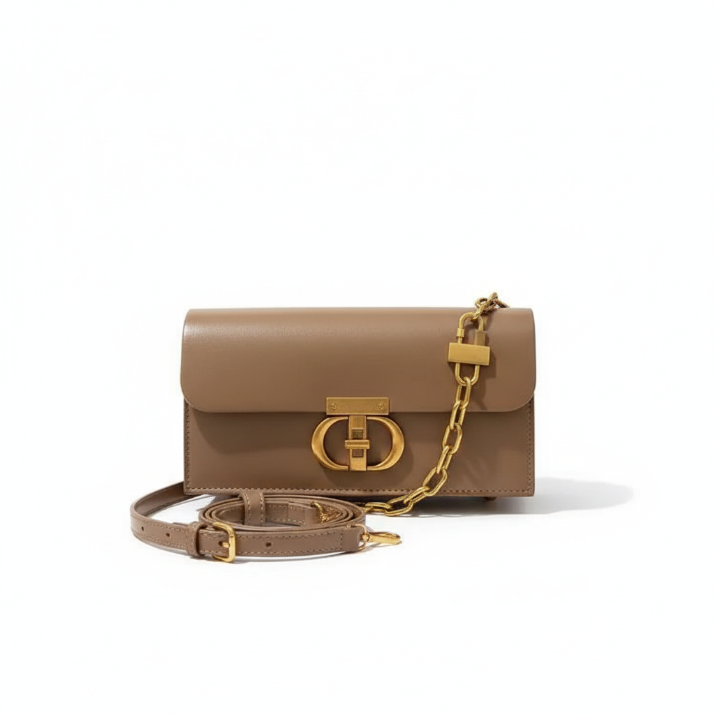 Beige Leather Crossbody Bag with Gold Chain & Elegant Clasp
