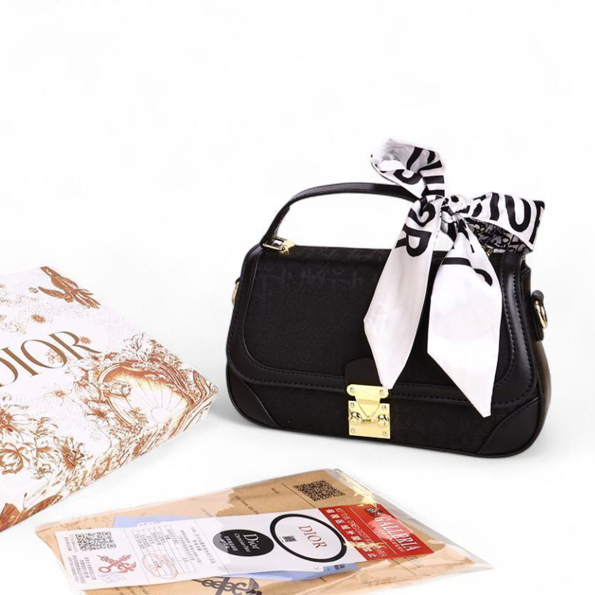 Christian Dior Black Oblique Handbag – Gold Clasp & Silk Scarf Detail