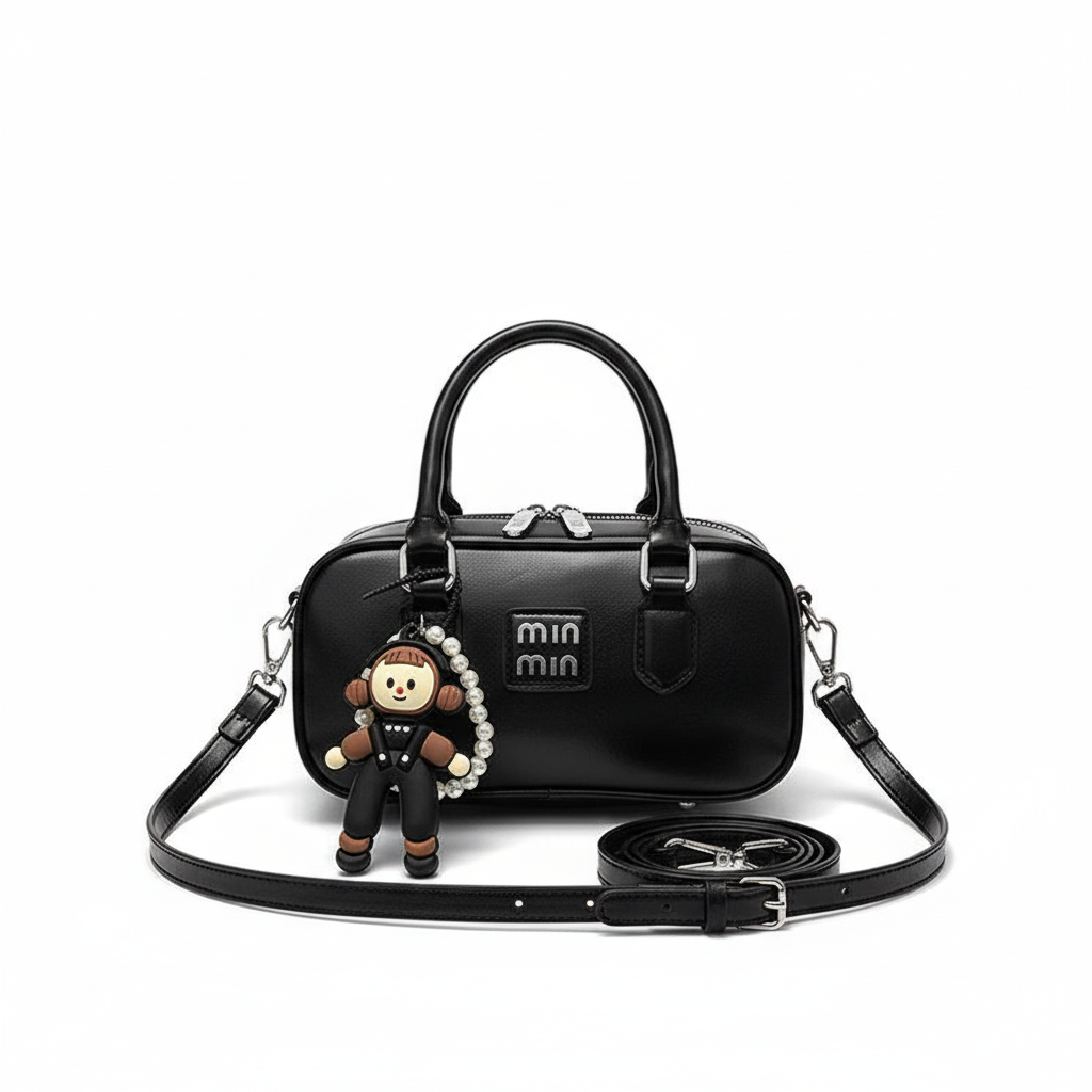 Min Min Black Handbag with Doll Charm & Detachable Crossbody Strap