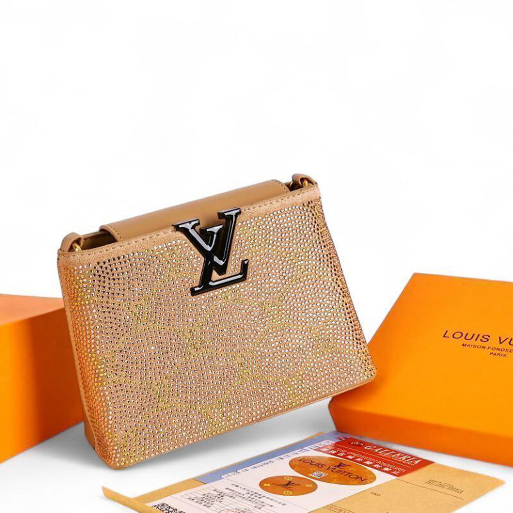 Louis Vuitton Crystal Evening Bag – Gold Edition with Signature LV Logo