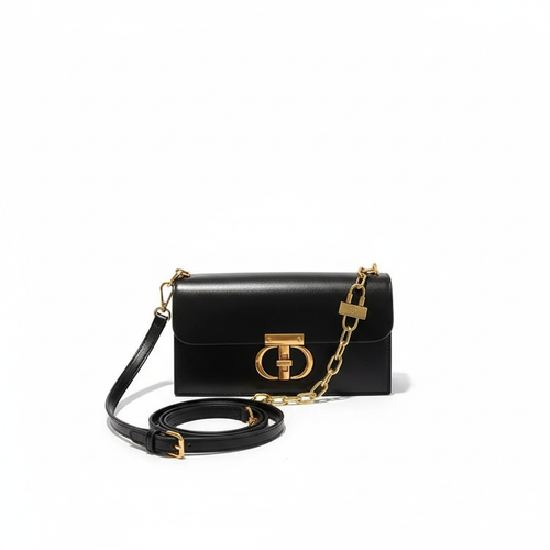 Black Leather Crossbody Bag with Gold Chain & Elegant Clasp