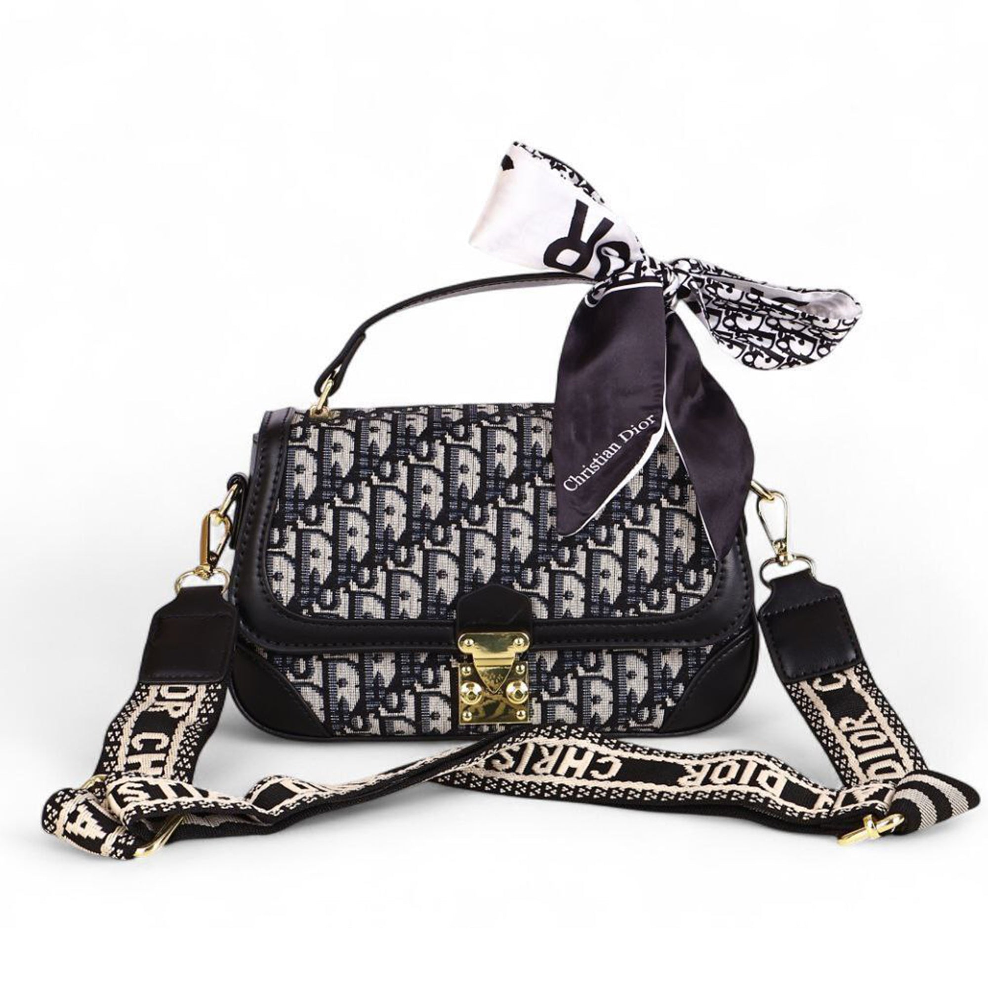 Christian Dior Oblique Canvas Handbag – Black & Grey with Silk Scarf