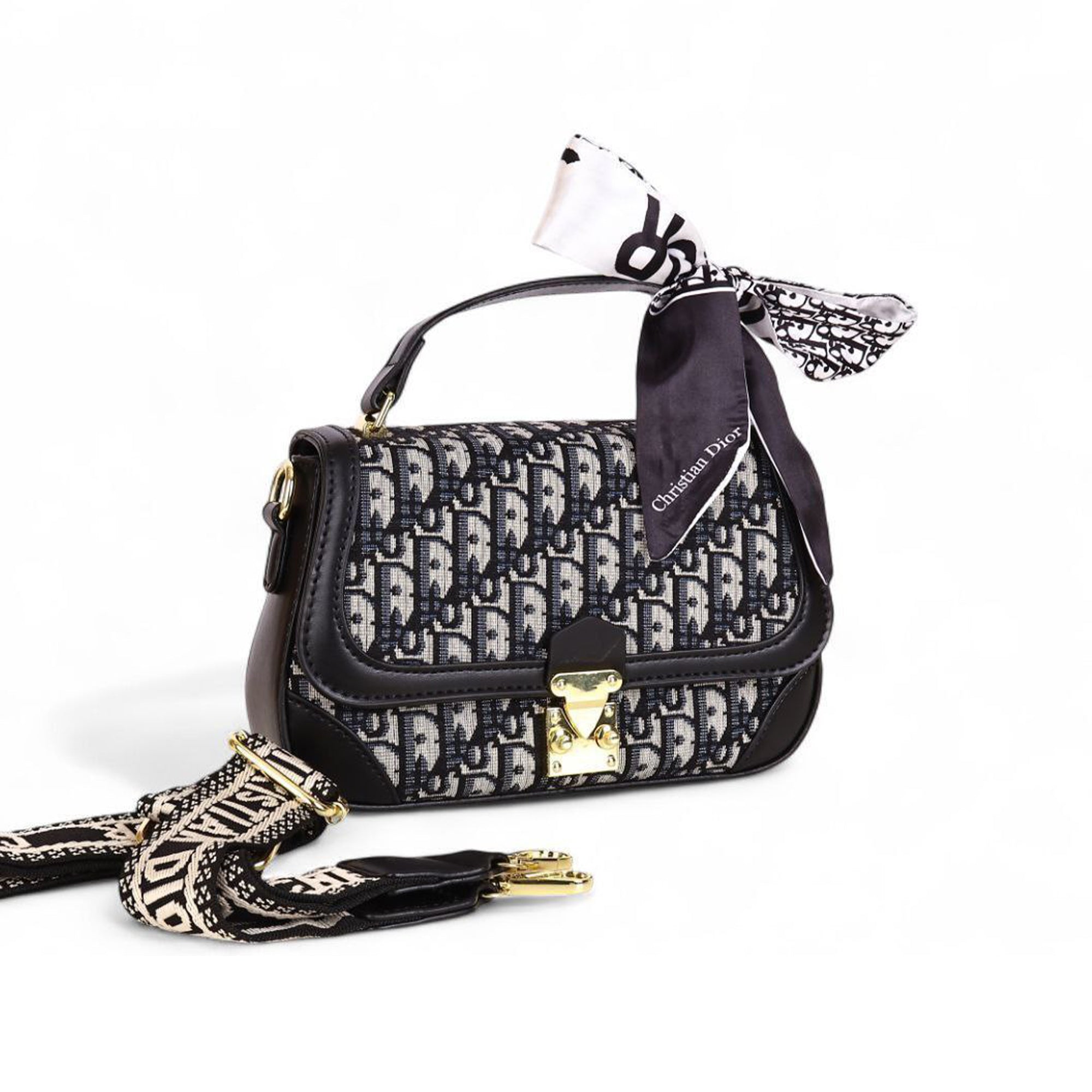 Christian Dior Oblique Canvas Handbag – Black & Grey with Silk Scarf