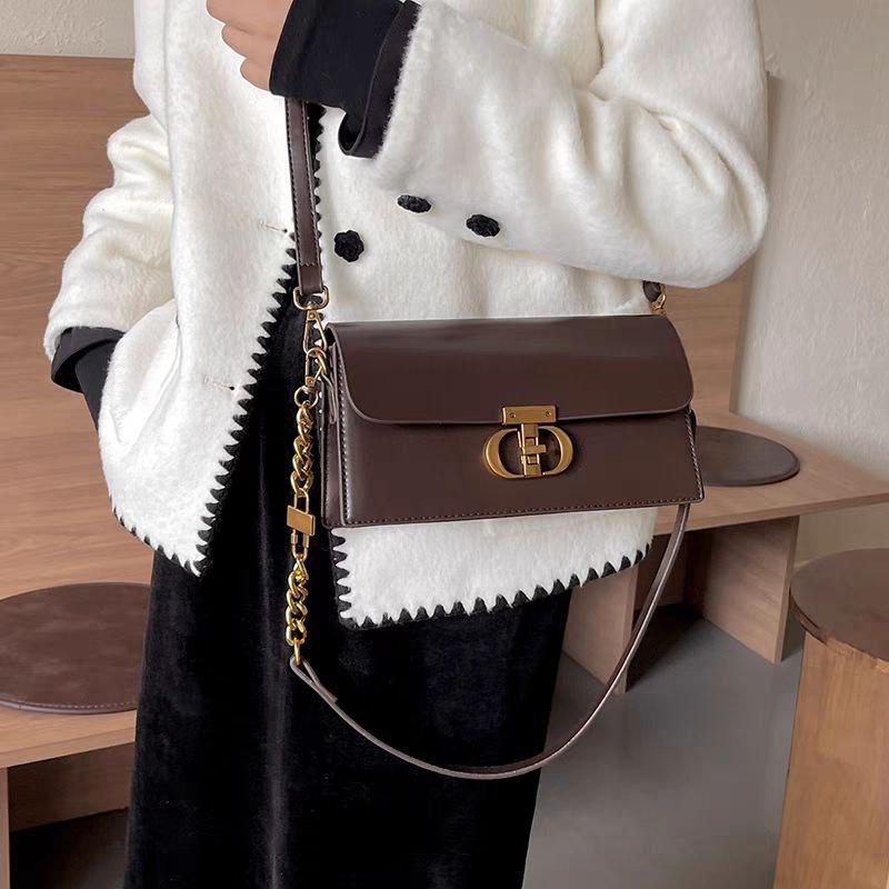 Brown Leather Crossbody Bag with Gold Chain & Classic Clasp