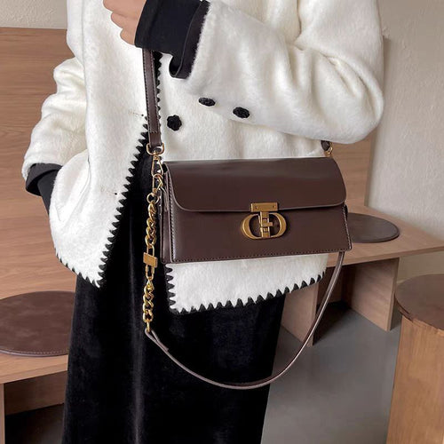 Brown Leather Crossbody Bag with Gold Chain & Classic Clasp