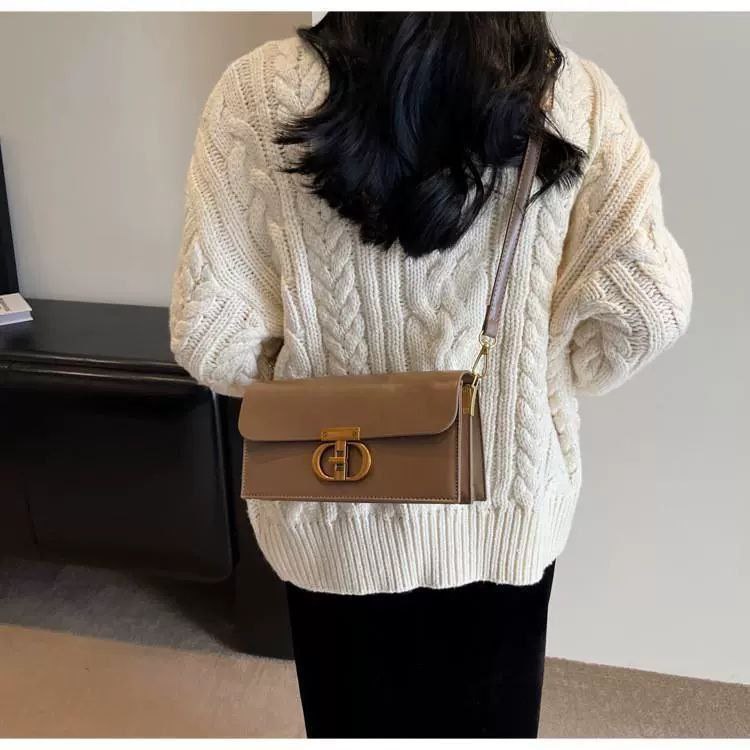 Beige Leather Crossbody Bag with Gold Chain & Elegant Clasp