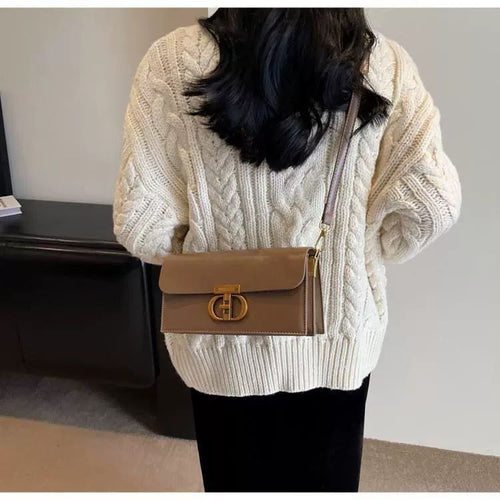 Beige Leather Crossbody Bag with Gold Chain & Elegant Clasp