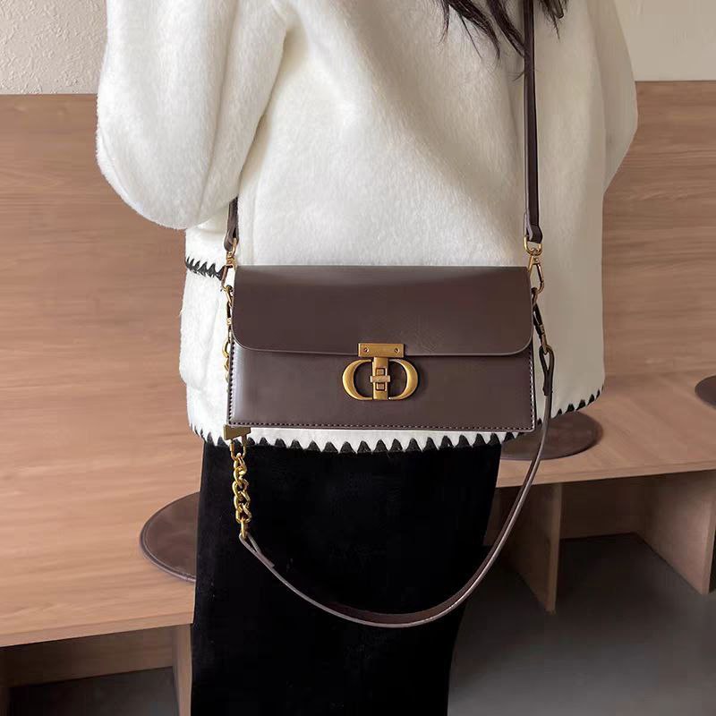 Brown Leather Crossbody Bag with Gold Chain & Classic Clasp