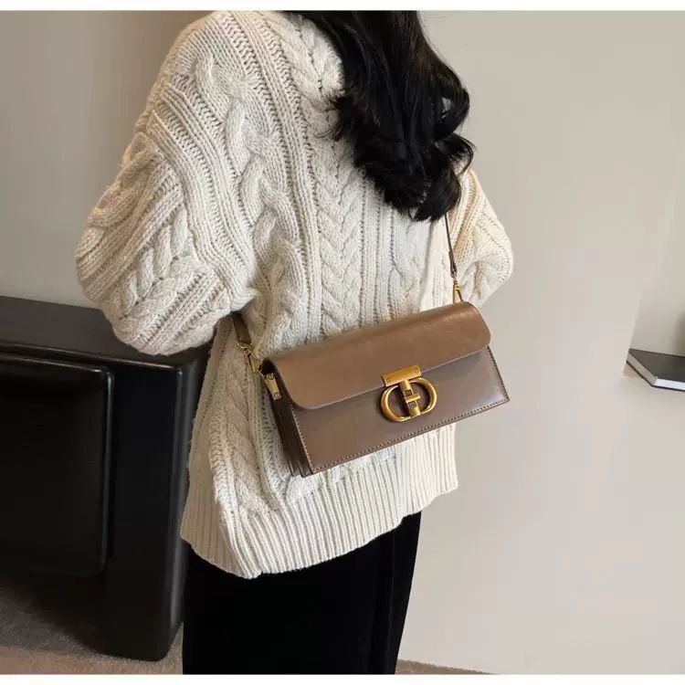Beige Leather Crossbody Bag with Gold Chain & Elegant Clasp
