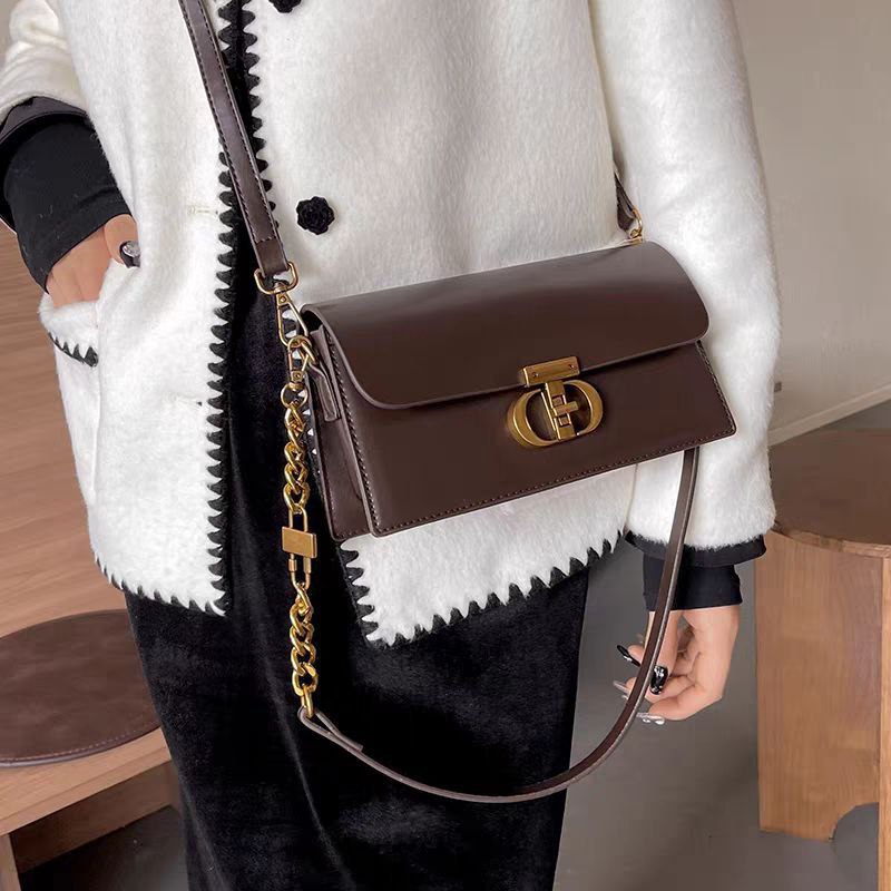 Brown Leather Crossbody Bag with Gold Chain & Classic Clasp