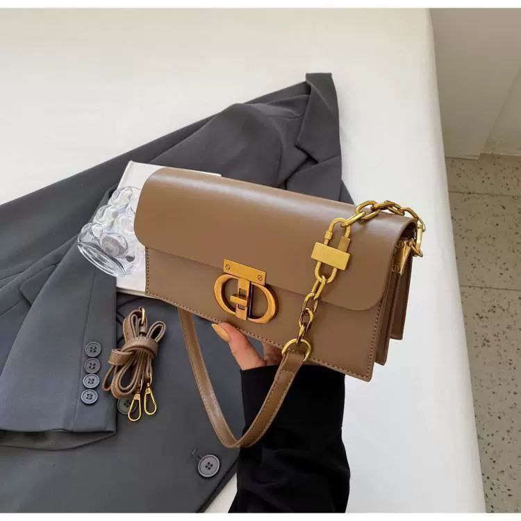Beige Leather Crossbody Bag with Gold Chain & Elegant Clasp