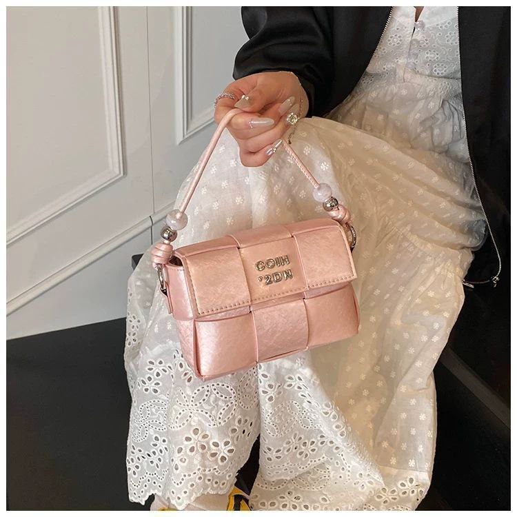 Pink Woven Handbag with Beaded Handle & Crossbody Strap