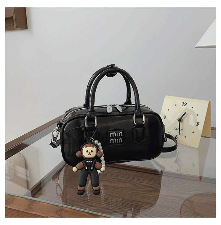 Min Min Black Handbag with Doll Charm & Detachable Crossbody Strap