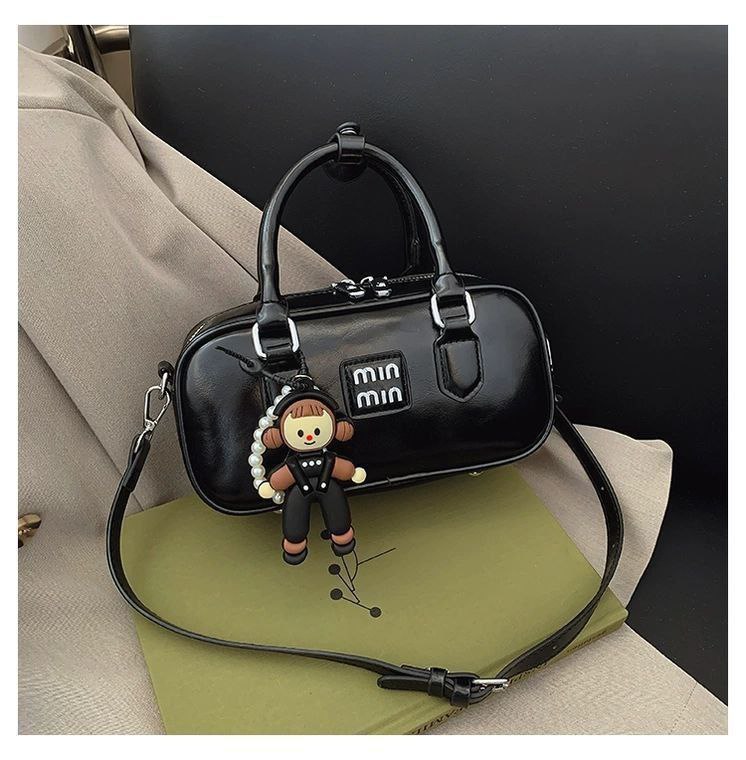 Min Min Black Handbag with Doll Charm & Detachable Crossbody Strap